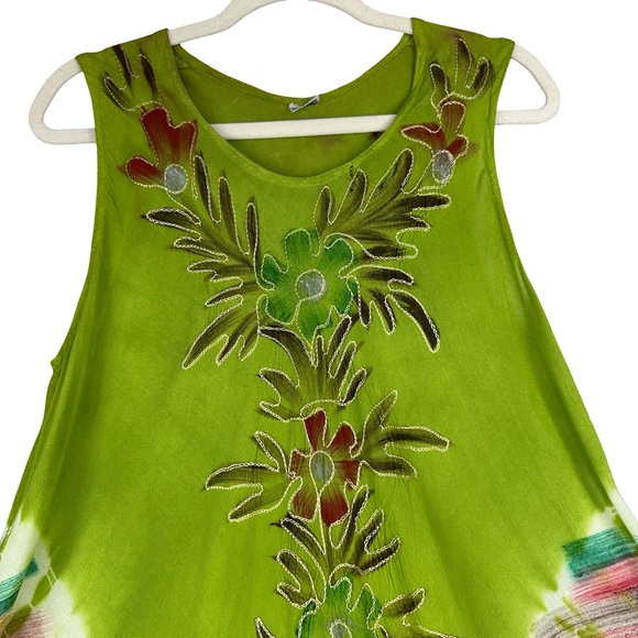 Boutique Green Floral Boho Tie Dye Sleeveless Flowing A-Line Dress Free Size - Picture 3 of 9